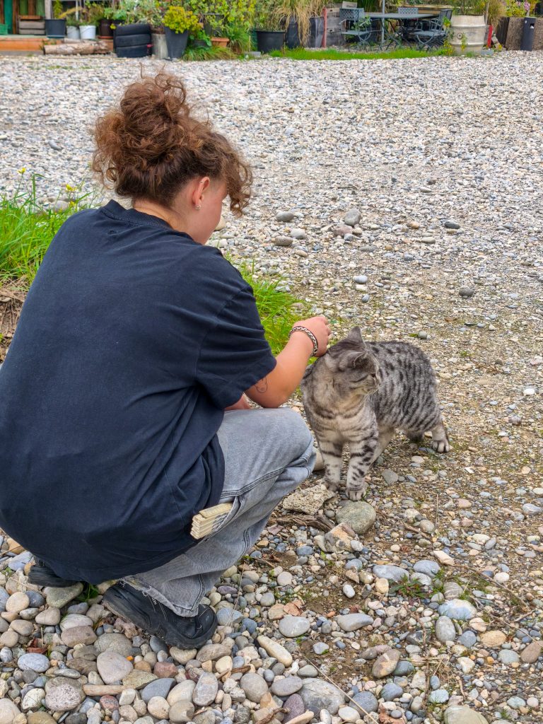 Minzie (eine Helferin) streichelt die Katze, die oft im Hafengebiet umherzieht